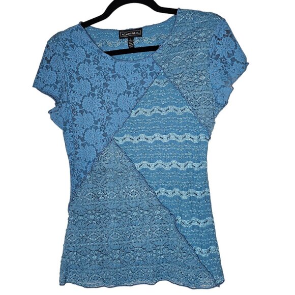 Elementz Y2K Size Small Blue Baby Tee Fairycore Patchwork Floral Lace Textured - Picture 1 of 8